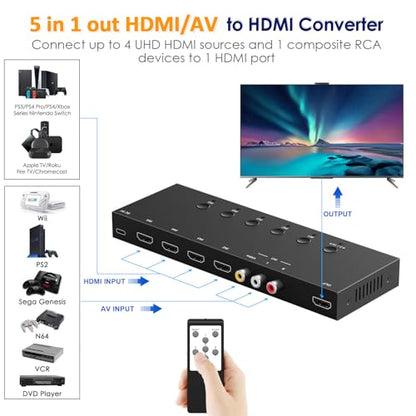 5 in 1 Out HDMI/AV Switch, 4K-HD MI+1AV to HDMI Converter Support HDR & HDCP 2.2 & Full 3D with IR Remote Control Compatible with Sega/Xbox/PS1/PS2/Nintendo Switch,Xbox,PS5/PS4,Roku,Apple TV - size: 1AV+4HDMI to HDMI Converter