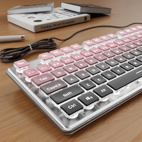 Wired Backlit Keyboard with Pudding Keycaps, Quiet Full Size Computer Keyboard White Backlight Easy-to-Read, Never Fade, Metal Panel, USB Cute Desk Setup for Windows PC Desktop, Pink-Black Ombré - color: Pink-Black Ombré