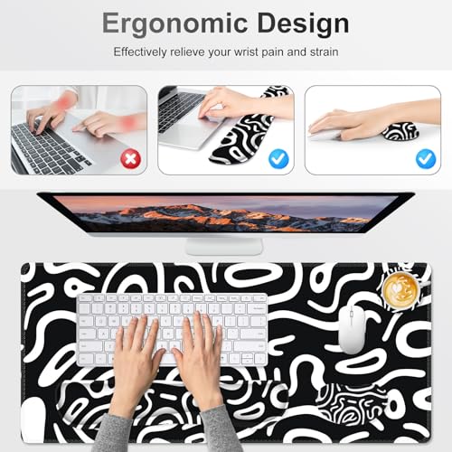 Large Gaming Mouse Pad Set, 4 in 1 Extended Keyboard Desk Mat with Wrist Rest, Computer Game Mousepad, Non-Slip Desk Pad Easy Typing Pain Relief for Home Office I Black White Topographic - color: Black White Topographic