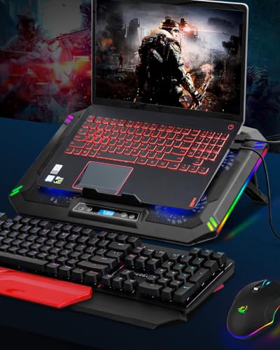 AFI Electronics Laptop Cooling Pad, 5 Quiet Fans Gaming Laptop Cooler for 11–17 Inch, RGB LED, LCD Display, 6 Fan Speeds, 8-Height Adjustable Stand, Dual USB Ports, Notebook Cooling Stand