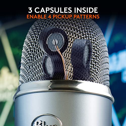 Logitech Creators Blue Yeti USB Microphone for PC, Mac, Gaming, Recording, Streaming, Podcasting, Studio and Computer Condenser Mic with Blue VO!CE Effects, 4 Pickup Patterns, Plug and Play - Silver | Tri-Capsule Condenser USB Mic, 4 Pickup Patterns, Bidi