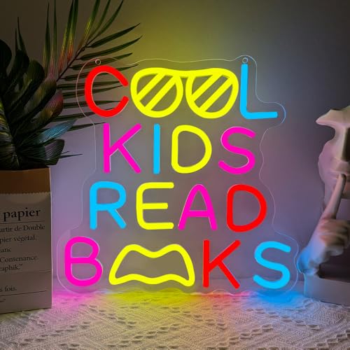 Cool Kids Read Books Neon Sign,Classroom Neon Sign Gift for Kids Teens,Reading LED Light Wall Decor for Library Reading Corner Bedroom Book Themed Party Decorations Study Room USB Powered（12.2"*12.1"） - style: Book