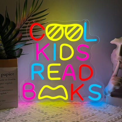 Cool Kids Read Books Neon Sign,Classroom Neon Sign Gift for Kids Teens,Reading LED Light Wall Decor for Library Reading Corner Bedroom Book Themed Party Decorations Study Room USB Powered（12.2"*12.1"） - style: Book