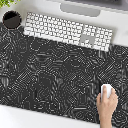 Topographic Map Large Mouse Pad XL Black Lines Contour Geographic Extended Large Desk Mat Big Desk Pad 80X30 CM Non-Slip Rubber Base Stitched Edge Long Mousepad,31.5×11.8 Inch - color: Blacktopo, size: 31.5 x 11.8 inches