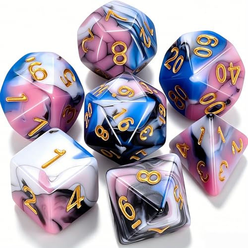 CiaraQ 7pcs Polyhedral Dice Set for Dungeon and Dragons MTG Table Games | Acrylic Role Playing Dice for D&D with Black Velvet Bag – Pink, Blue, Black & White Swirl – Standard Size – Ages 14+ - color: Pink-blue-black-white