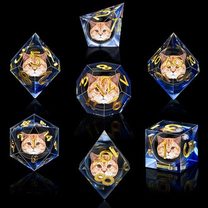 AUSTOR 7 Die DND Dice Set 7 Pieces Cat Resin Dice Role Playing D and D Dice D20 D12 D10 D8 D6 D4 Sharp Edge Dungeons and Dragons Dice with Case - color: Cat - Blue