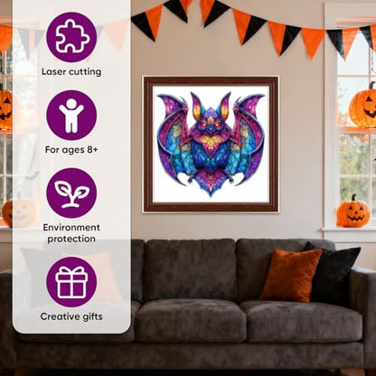 MEATRN Wooden Puzzles for Kids, Stained Glass Bat Wood Puzzles Adult, 198 Pcs - color: Bat, size: Small