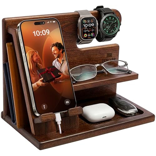 TESLYAR Wood Phone Docking Station for Men - Desktop or Nightstand Organizer - Birthday Gifts for Men, Dad - Anniversary Idea from Wife - Key Holder, Stand Wallet, Watch & Essentials (Bourbon Brown) - color: Bourbon Brown