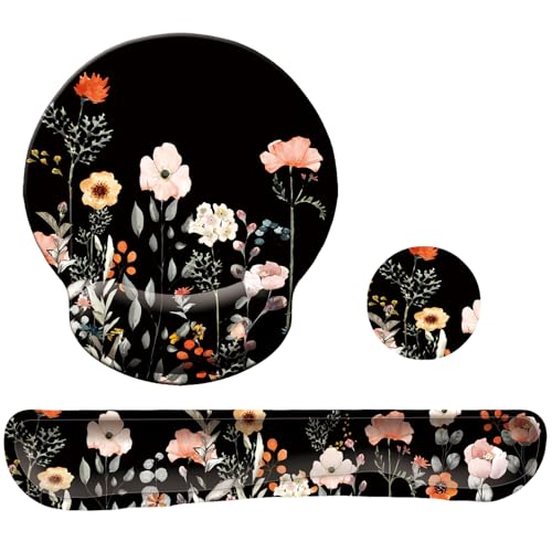 Keyboard Wrist Rest Pad Mouse Pad with Wrist Support Set of 3, Mousepad with Non-Slip Rubber Base, Ergonomic Memory Foam Mouse Wrist Cushion Support for Home Office Laptop Computer, Flower Black - color: Flower Black