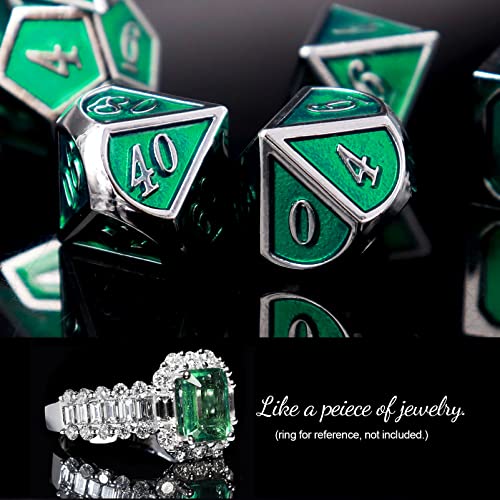 Haxtec Silver Emerald Green Metal DND Dice Set Enamel D&D Dice with Leather Dice Bag Compatible with Dungeons and Dragons TTRPG Gift for DND Lovers Players Masters - color: Silver Green