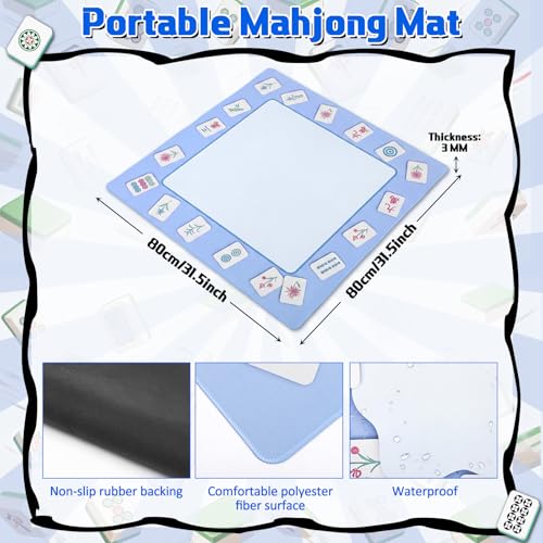 Blue Mahjong Mat with Drawstring Bag 31.5” x 31.5” Anti Slip Noise Reduction Mahjong Mat for Table Gaming Table Cover for Poker, Board Games and Card Games