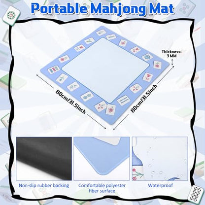 Blue Mahjong Mat with Drawstring Bag 31.5” x 31.5” Anti Slip Noise Reduction Mahjong Mat for Table Gaming Table Cover for Poker, Board Games and Card Games