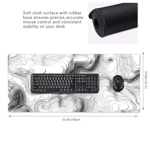 White Topographic Mouse Pad, XXL Extended Gaming Desk Mat, Non-Slip Rubber Base, Stitched Edges, 35.4" x 15.7" - color: White Topographic