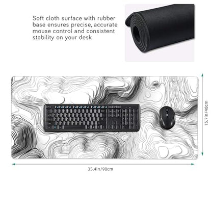 White Topographic Mouse Pad, XXL Extended Gaming Desk Mat, Non-Slip Rubber Base, Stitched Edges, 35.4" x 15.7" - color: White Topographic