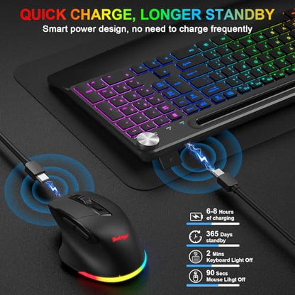 BlueFinger Wireless Keyboard and Mouse Combo Backlit, 2.4G Rechargeable Ergonomic Gaming Keyboard with Wrist Rest, Phone Holder, Volume Knob, Silent Light Up Keyboard with Mouse for Computer Laptop