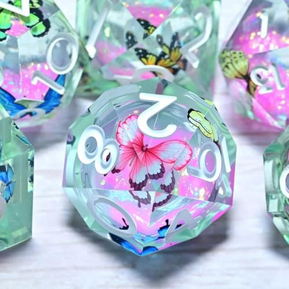Resin Cat Head DND Dice, Sharp Edge Dungeons and Dragons Polyhedron Game Dice Set for Role Playing Games RPG Explorer Magic, Holiday Birthday Gifts Party Gifts - color: Butterfly+pink
