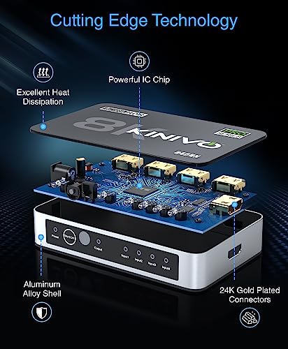 Kinivo 8K HDMI Switch (8K 60Hz, 4 in 1 Out, 48Gbps HDMI 2.1 Hub, Ultra HD Switcher, HDR10+, Dolby Atmos) - Compatible with HDTV, Nintendo Switch 2, PS5, Xbox, Apple TV - size: 8K - 4 Port