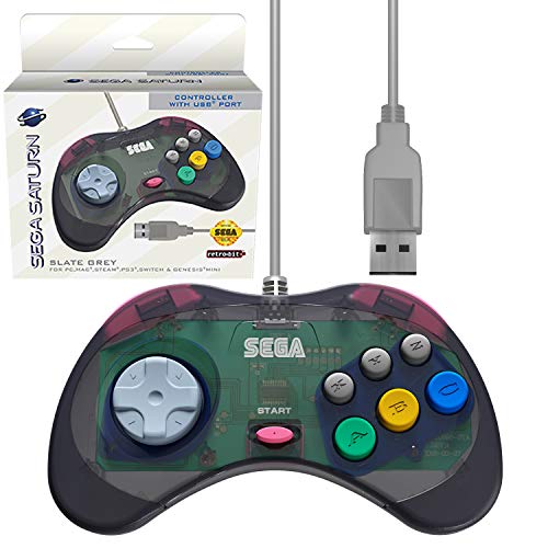Retro-Bit Official Sega Saturn USB Controller Pad for Sega Genesis Mini, PC, Mac, Steam, Switch - USB Port (Slate Gray) - color: Slate Grey