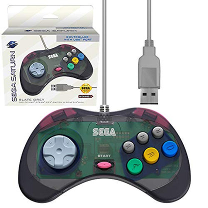 Retro-Bit Official Sega Saturn USB Controller Pad for Sega Genesis Mini, PC, Mac, Steam, Switch - USB Port (Slate Gray) - color: Slate Grey
