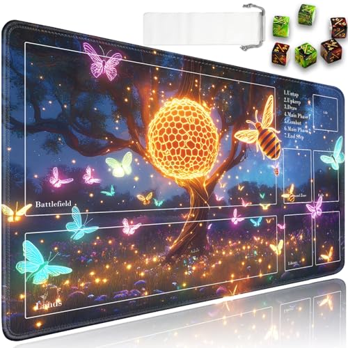 for MTG Playmat with Zones, for TCG Playmat and Board Game Mat with Storage Bag and 6 Dice, 24x14in Non-Slip for MTG Mat, Bee Hives and Butterflies Pattern Magic Trading Card Mat Mousepad - color: Jv-playmat-p7-2k-d116