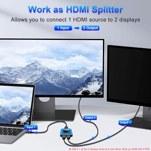 HDMI Switch Splitter 4K@60Hz, Aluminum Bi-Directional HDMI 2.0 Switcher, HDMI Splitter 1 in 2 Out/ 2 in 1 Out, Support 4K 3D HDR for Xbox, PS5/4/3, Fire Stick, Roku, HDTV, Projector, Computer (Blue) - color: Blue