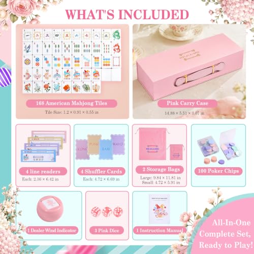 Pink American Mahjong Set, 168 Melamine Tiles | Includes 168 Mahjong tiles with 12 jokers and a gift box. Portable for game nights, weekly clubs and gifting. - color: Pink