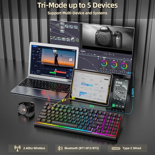 Redragon K517 Pro Wireless Gaming Keyboard, RGB Backlit, Tri-Mode BT/2.4GHz/USB-C, Mechanical Feel 94 Keys Computer Keyboard with 4 Macro Keys, Number Pad, 4000mAh Battery for Win/MAC - color: Black-W