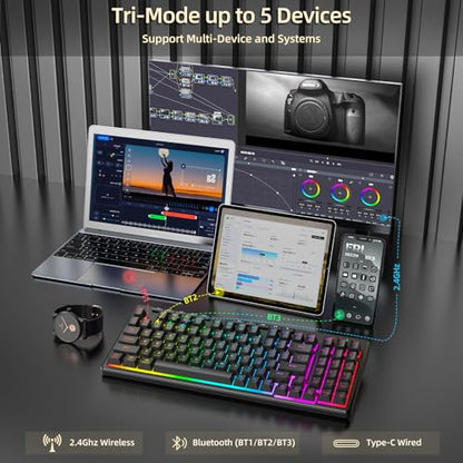 Redragon K517 Pro Wireless Gaming Keyboard, RGB Backlit, Tri-Mode BT/2.4GHz/USB-C, Mechanical Feel 94 Keys Computer Keyboard with 4 Macro Keys, Number Pad, 4000mAh Battery for Win/MAC - color: Black-W