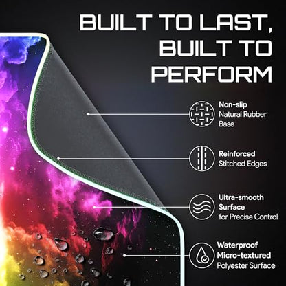 Gerlos RGB Gaming Mouse Pad, Large LED Desk Mat, 31.5 x 11.8 Inch | 12 light modes, non-slip base, water-resistant surface, stitched edges - color: Green