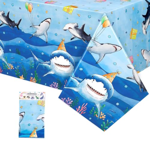 WERNNSAI Shark Tablecloth - 1 Pack 108"x54" Blue Ocean Table Cover | Under The Sea Shark Birthday Party Decorations, Disposable Plastic Table Cloth for Kids Summer Favor - color: Shark