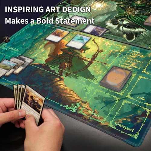Card Playmat 24" x 14" TCG Game Mat for MTG and Other Card Games, Premium Stitched Card Gameplay Mat with Non-Slip Rubber Backing Board Games Desk Duel Mats, Fantasy Archer Squirrel - color: Fantasy Archer Squirrel, size: 24"X14" Without Zones