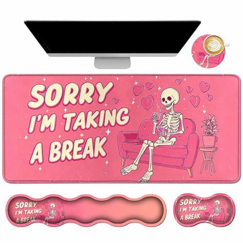 4-in-1 Gaming Desk Mat Set with Memory Foam Keyboard and Mouse Wrist Rest, Extended Mousepad (31.5"x11.8") & Cup Coaster, Ergonomic Desk Pad Protector for Office Home Gamer, Pink Lazy Skull - color: 013ov, size: 4Pcs Memory Foam Pad