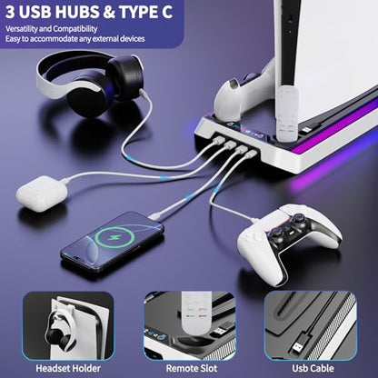 PS5 Cooling Station for PS5/Slim/Pro Disc Digital Console, PS5 Stand Cooling Fan Station with RGB Lights & 3 Level Fan, PS5-Controller Charger, PS5-Accessories with 3 USB Ports, Headset Holder - color: RGB White&Black