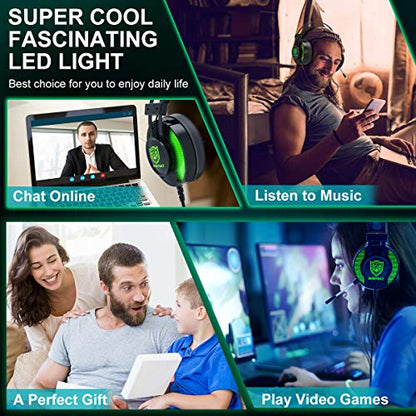 PS4 Gaming Headset, 7.1 Surround Sound Game Headset for Xbox One Noise Cancelling Gaming Headphones with Mic, Ergonomic Soft Earmuffs and LED Light for PC, Laptop - Green