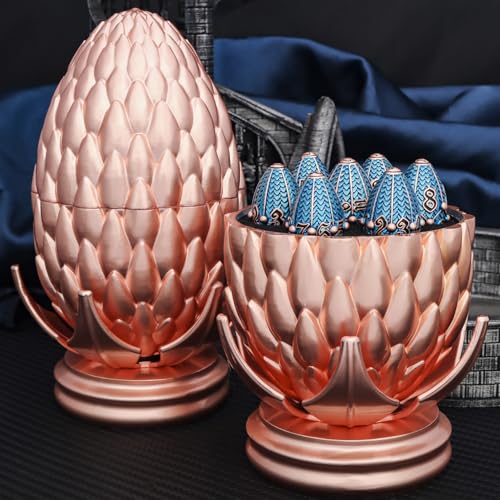 ARUOHHA DND Metal Dice Copper Blue Dragon Egg Dice with Rotating Dragon Egg Shell, Role Playing Game RPG Polyhedral D and D Dice Set D20 D12 D10 D8 D6 D4 - color: Copper Blue
