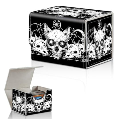 Card Deck Box for MTG,Commander,YuGiOh,Portable 100+ Card Storage Box,Magnetic Closure Durable Leather Trading Card Protector Case for TCG CCG Players & Collectors- Vector Cat Skulls