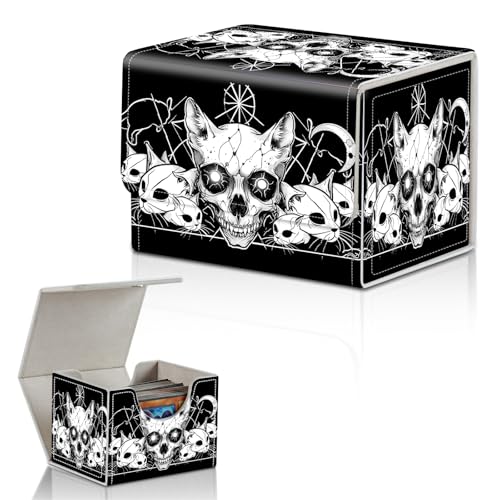 Card Deck Box for MTG,Commander,YuGiOh,Portable 100+ Card Storage Box,Magnetic Closure Durable Leather Trading Card Protector Case for TCG CCG Players & Collectors- Vector Cat Skulls