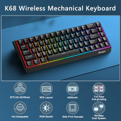 BlueFinger 60% Wireless Mechanical Gaming Keyboard, Bluetooth/2.4G/USB-C Hot Swappable RGB Backlit Keyboard with Side-Printed PBT Keycaps, for MAC Xbox PC PS5 (Black) - color: Black