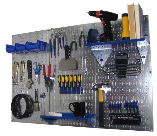 Wall Control Pegboard Organizer 4 ft. Metal Pegboard Standard Tool Storage Kit with Galvanized Toolboard and Blue Accessories - color: Metallic Pegboard with Blue Accessories