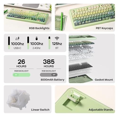 KiiBoom Phantom98 Lite 96% Wireless Mechanical Gaming Keyboard, VIA Programmable, Creamy Keyboard with Gasket, 8000mAh Battery, Hot Swap, RGB Backlits, NKRO for Win/Mac (Green, Mochi Switch) - color: Green, size: Mochi Switch