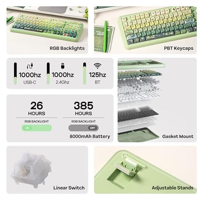 KiiBoom Phantom98 Lite 96% Wireless Mechanical Gaming Keyboard, VIA Programmable, Creamy Keyboard with Gasket, 8000mAh Battery, Hot Swap, RGB Backlits, NKRO for Win/Mac (Green, Mochi Switch) - color: Green, size: Mochi Switch