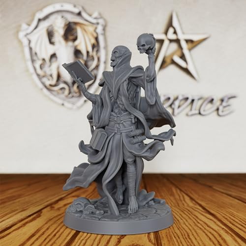 AUSPDICE Unpainted Lich Mini, DND Miniatures for Tabletop RPG-AS217 | Undead Spellcaster with Open Spellbook, Skull Relic and Flowing Robes for Fantasy Gaming, Dungeon Masters and RPG Accessories