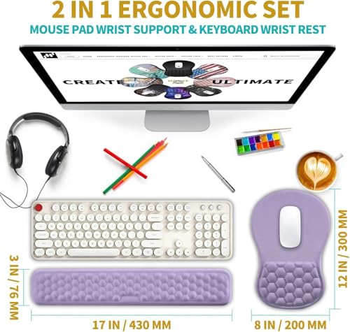 Hokafenle 2 in 1 Ergonomic Mouse Pad Wrist Support & Wrist Rest for Computer Keyboard Set, with Relieve Carpal Tunnel Pain Massage Bulge and Full Memory Gel Design (2In1 Set, Lavender) - color: Hk017-lavender
