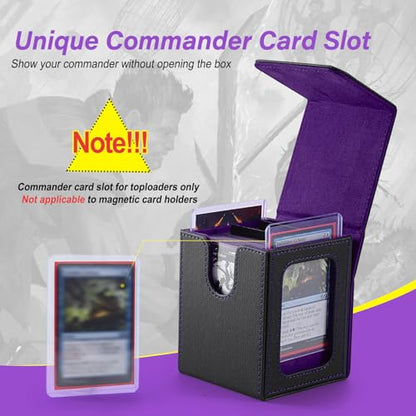 MTG Deck Box, Double Display Window MTG, Commander Deck Box Fits 120+ Single Sleeved Cards, PU Leather Magnetic Closure Card Box with 2 Dividers&2 Toploaders for TCG, CCG, Black/Violet - color: Black/Purple, size: 1 pack