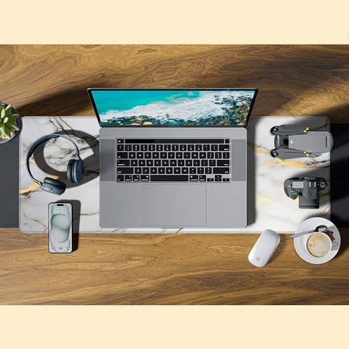 Desk Mat,Gold Line Marble Gaming Mouse Pad,31.5""X15.7"" Large Desk Pad with Stitched Edge Non-Slip Base Keyboard Big Mouse Pad for Office Home Work Gaming-White, WDQ-D02 - color: Marble Granite with Gold Texture