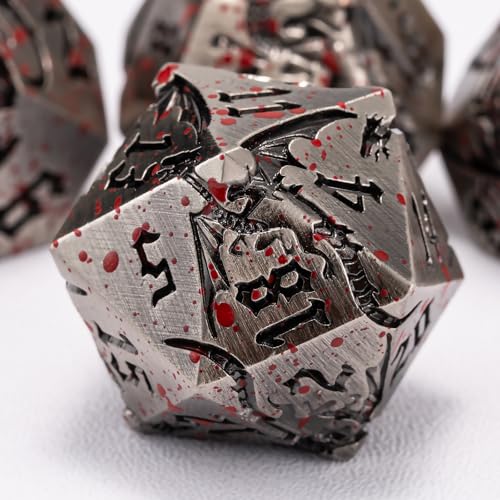 Metallic DND Dragon Dice Set,Metal Sharp Edge Polyhedral Dice with Dragon for Dungeons and Dragons RPG TTRPG D&D 7-Die Set with Gift Case - color: Dragon-ancient Nickel Bloodstain