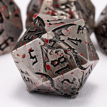 Metallic DND Dragon Dice Set,Metal Sharp Edge Polyhedral Dice with Dragon for Dungeons and Dragons RPG TTRPG D&D 7-Die Set with Gift Case - color: Dragon-ancient Nickel Bloodstain