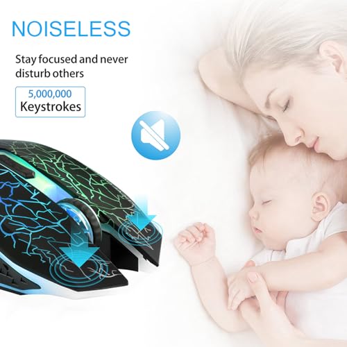 TENMOS M2 Wireless Gaming Mouse, Silent Rechargeable Optical USB Computer Mice Wireless with 7 Color LED Light, Ergonomic Design, 3 Adjustable DPI Compatible with Laptop/PC/Notebook, 6 Buttons (Black) | 2.4GHz Optical, 7 Color LED Lights, Ergonomic, Quiet