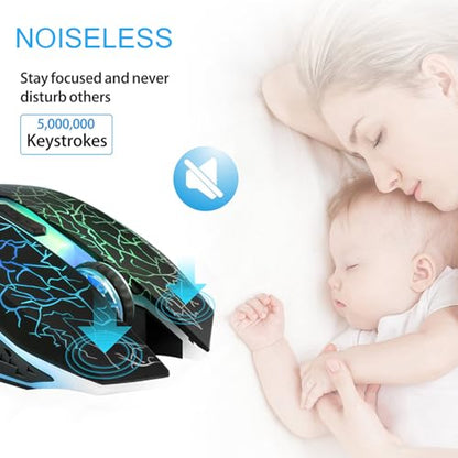 TENMOS M2 Wireless Gaming Mouse, Silent Rechargeable Optical USB Computer Mice Wireless with 7 Color LED Light, Ergonomic Design, 3 Adjustable DPI Compatible with Laptop/PC/Notebook, 6 Buttons (Black) | 2.4GHz Optical, 7 Color LED Lights, Ergonomic, Quiet