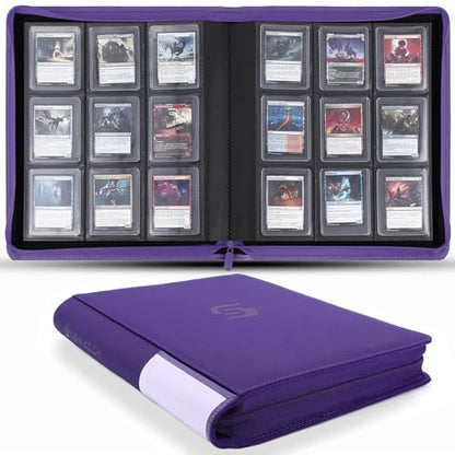 Snekdy Top loader Binder, 9 Pockets Top Loader，Holds 360 Top Loaders cards, Card binder with Sleeves for card in 3 x 4 inches color smooth Zipper PU Leather (Purple) - color: Purple